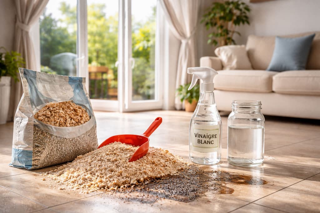 Produits naturels pour absorber le fioul et éliminer les odeurs : sciure de bois, litière pour chat et vinaigre blanc