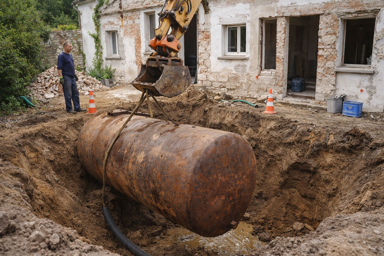 Extraction d'une cuve à fioul enterrée fortement corrodée par une pelleteuse lors d'une opération de dépose en Maine-et-Loire