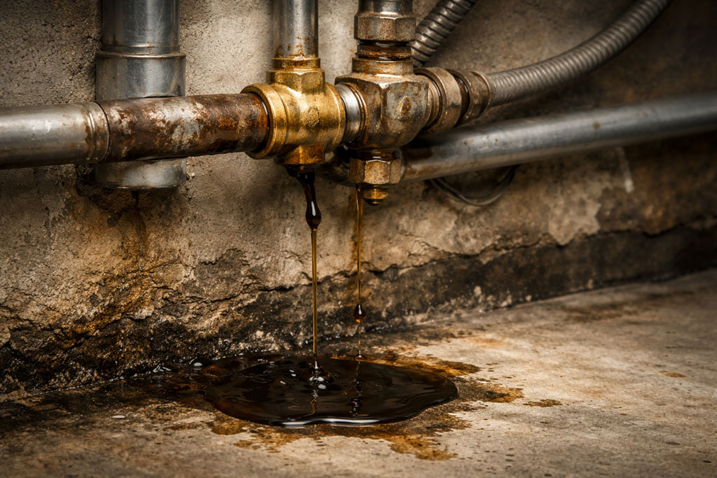 Fuite de fioul sur une canalisation et raccords rouillés reliant une cuve à une chaudière