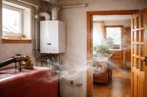 Odeur de fioul dans une maison avec chaudière au fioul visible dans une pièce de vie